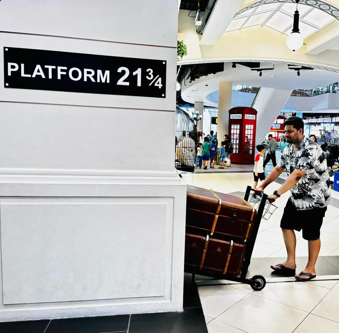Rahul pushing a luggage trolley at a Platform 21¾ sign